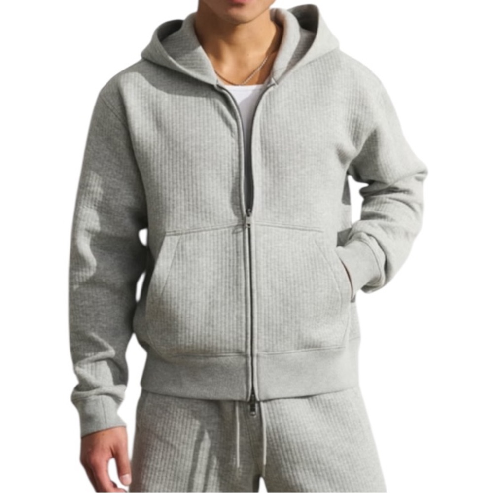 Men's Light Gray Zip Hoodie - Casual Ribbed Full-Zip Hoodie